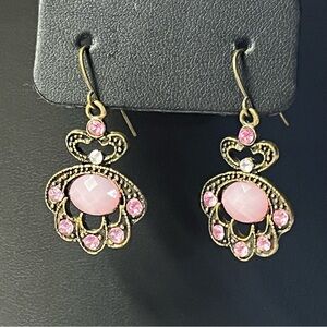 Pink Rose Quartz and Rhinestone Antique Finish Dangle Earrings Victorian